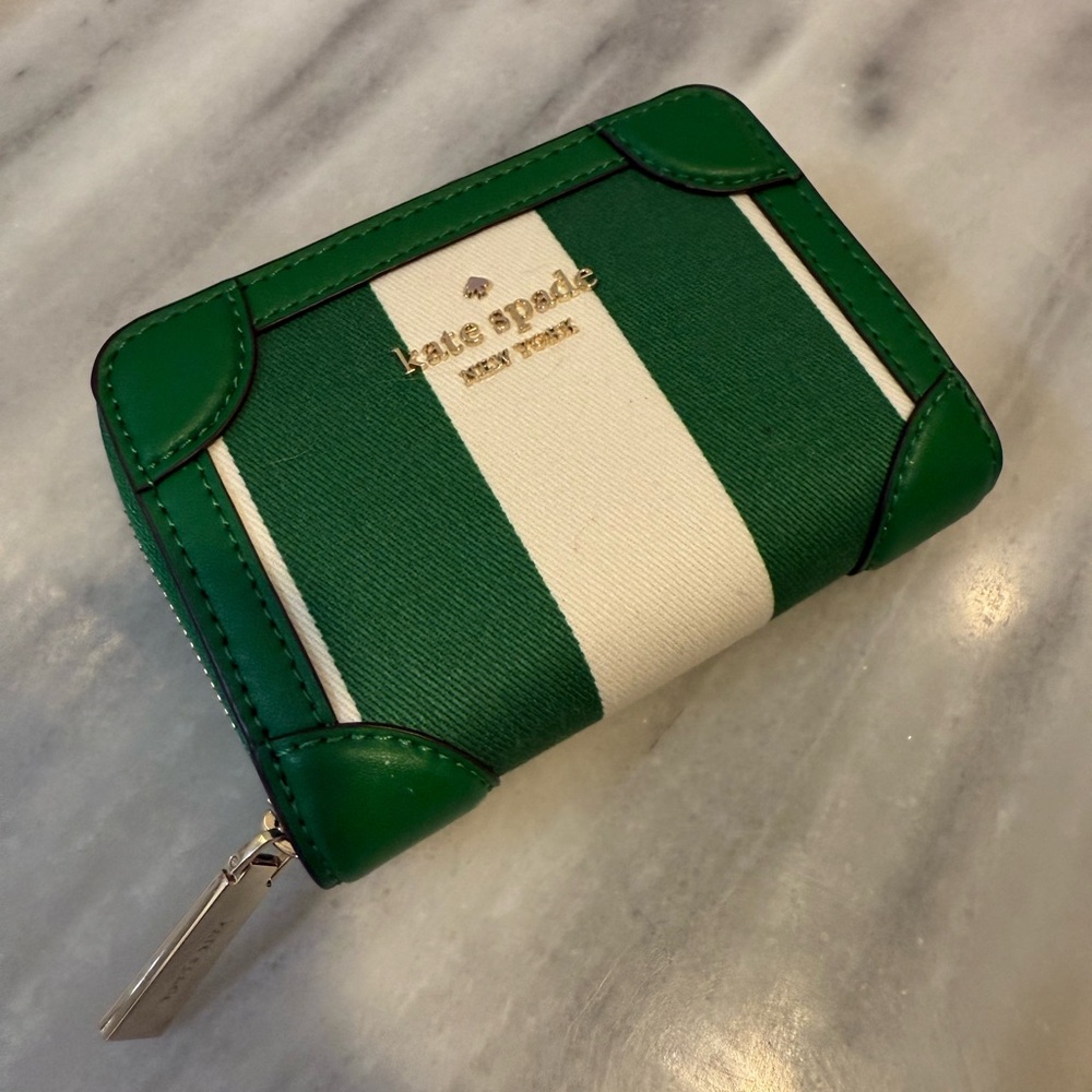 Kate Spade Green and White Compact Traveler Even Stripe Jacquard Wallet